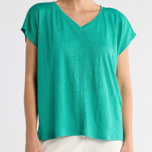 Eileen Fisher Organic Linen V Neck Square Tee Top-NWT- SZ XL - Picture 1 of 5